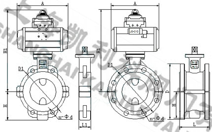 D671F46氣動對夾式襯氟蝶閥外形結(jié)構(gòu)圖
