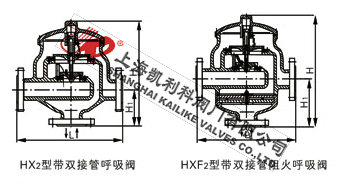 HX2帶雙接管呼吸閥、HXF2帶雙接管阻火呼吸閥外形結(jié)構(gòu)圖